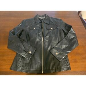 Dennis Basso Black Faux Leather Moto Jacket Size Small Zip-Up Biker Bomber Style